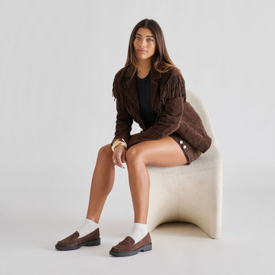 merek loafer dunkelbraunes wildleder