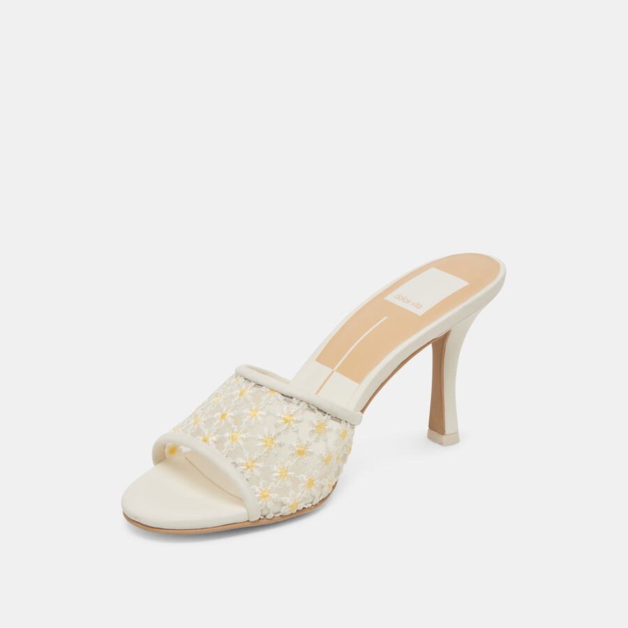 lavendel-pumps mit blumenmuster weiß-gelb mit floralem mesh-einsatz